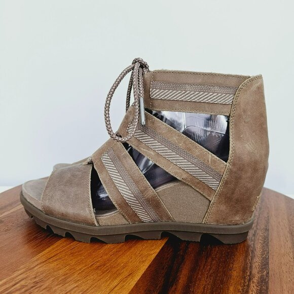 Sorel Joanie II Wedge Sandals 11 Lace Up Ash Brown Taupe NL3272-240 Leather Boho - Picture 8 of 13